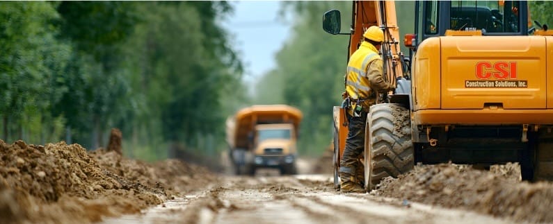 excavation project, excavation on site of dirt access road heading towards dump truck