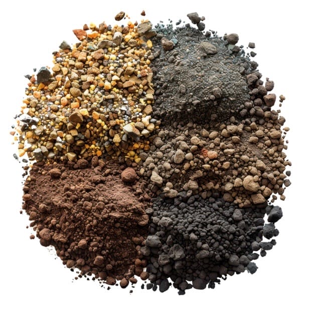 different soil types piled in the a circle; rocky, clay, top soil, sandy