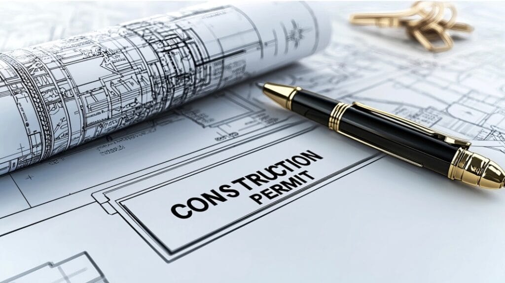 Construction Permit with plans, pen and keys