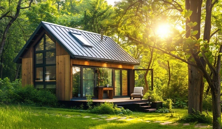 Accessory Dwelling Unity in the form of a tiny house in back yard with wooded lot and metal roof