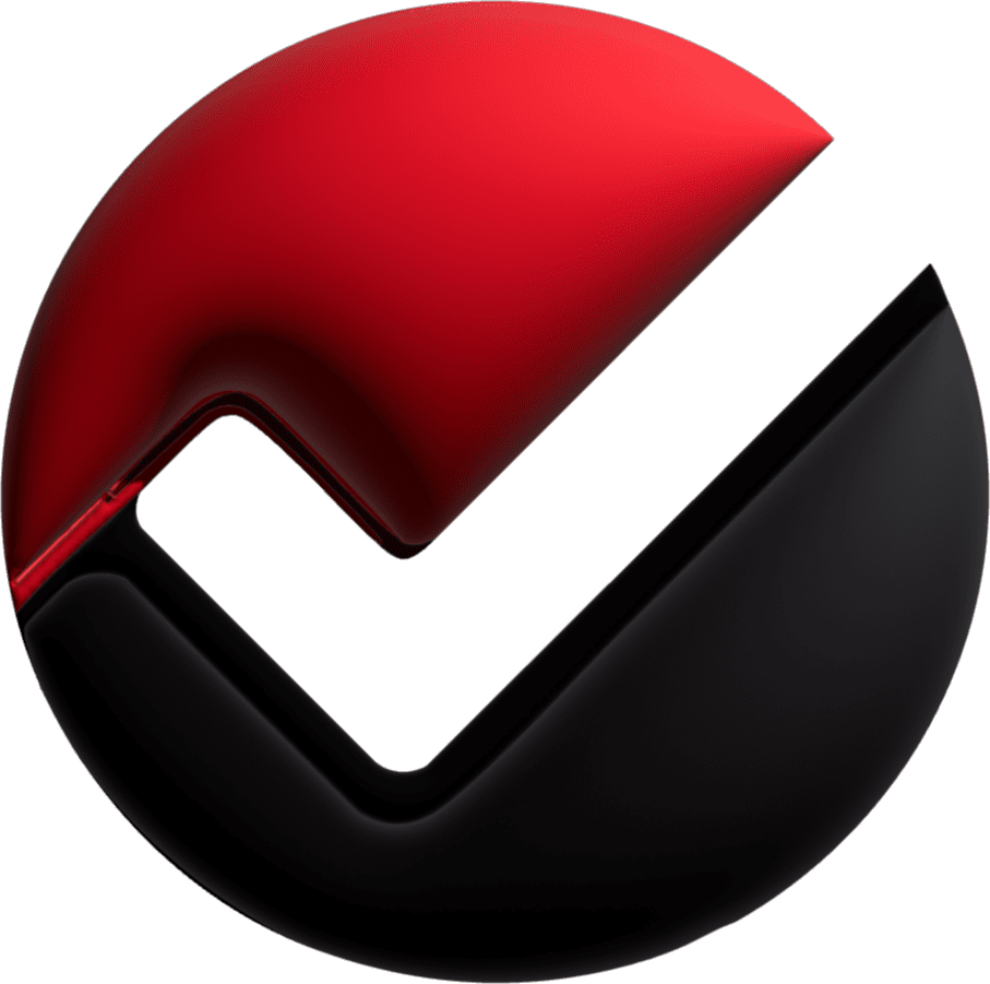 white checkmark with a red and black background 