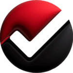 white checkmark with black and red gradient circle behind the checkmark