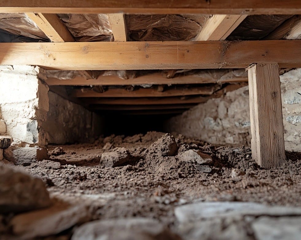 low crawl space in dirt basement in need of attention