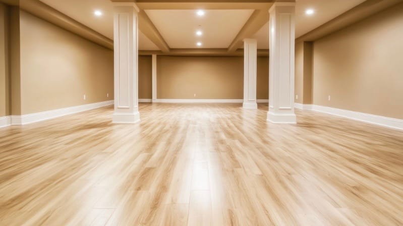 Newly finished basement with fresh paint, new lighting, and new flooring