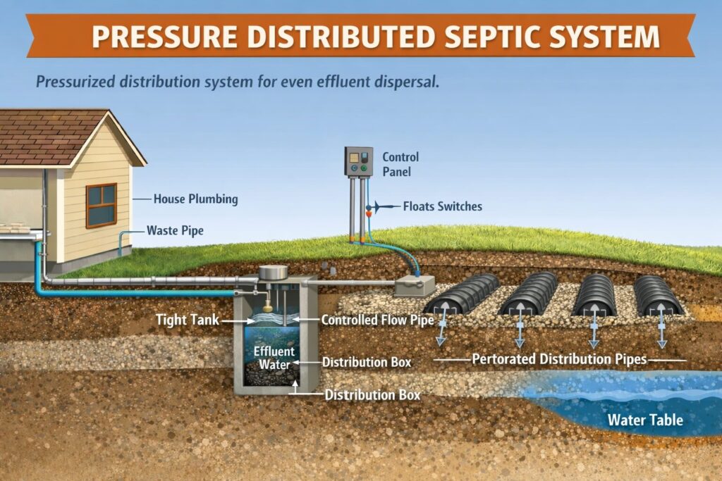 depiction of a pressure distributed septic system installed